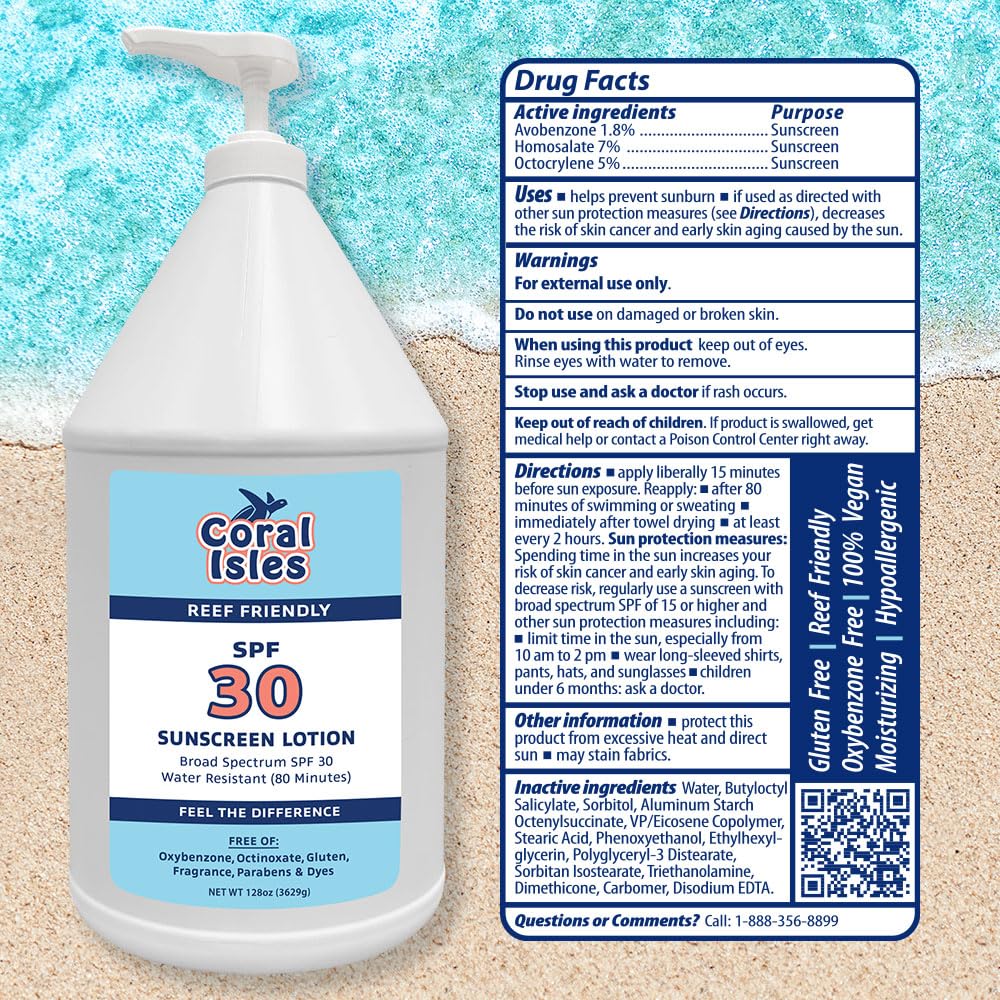 Coral Isles by Rocky Mountain Sunscreen | SPF 30 Lotion | Broad Spectrum UVA/UVB Protection | Hawaii Reef-Safe Act Compliant | Oxybenzone & Octinoxate Free | Water Resistant 80 Min. | 128 Fl Oz