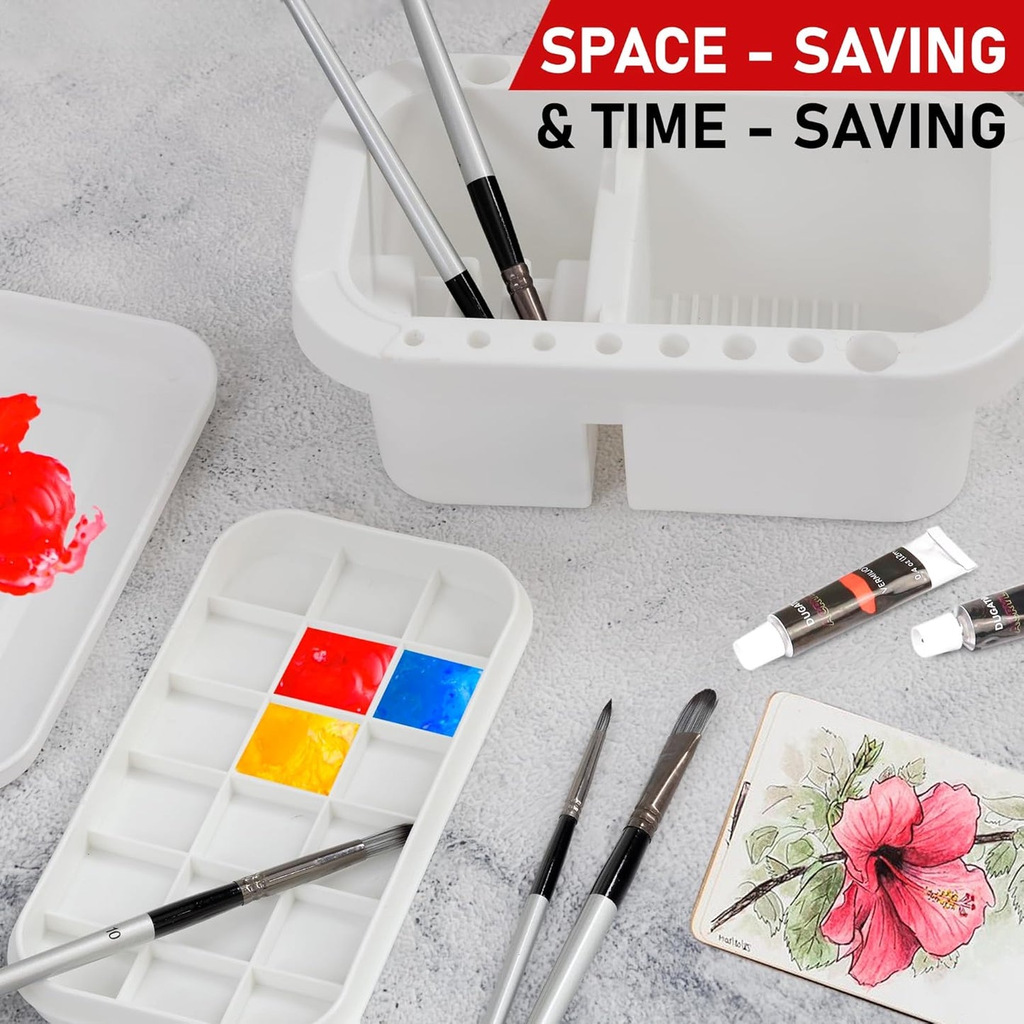 DUGATO 3-in-1 Paint Brush Cleaner Washer, Holder & Palette - Keep Brushes Clean & Organized - Artists Art Cleaning Basin with Lid & 2 Art Sponges for Acrylic, Watercolor, Oil Painting (White)