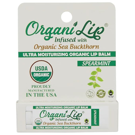 OrganiLip Organic Lip Balm, Spearmint Flavor, Ultra Hydrating Lip Moisturizer for Cracked or Dry Lips, Infused With Organic Sea Buckthorn, Oval Shaped Tube, USDA Certified Organic, 1 Pack