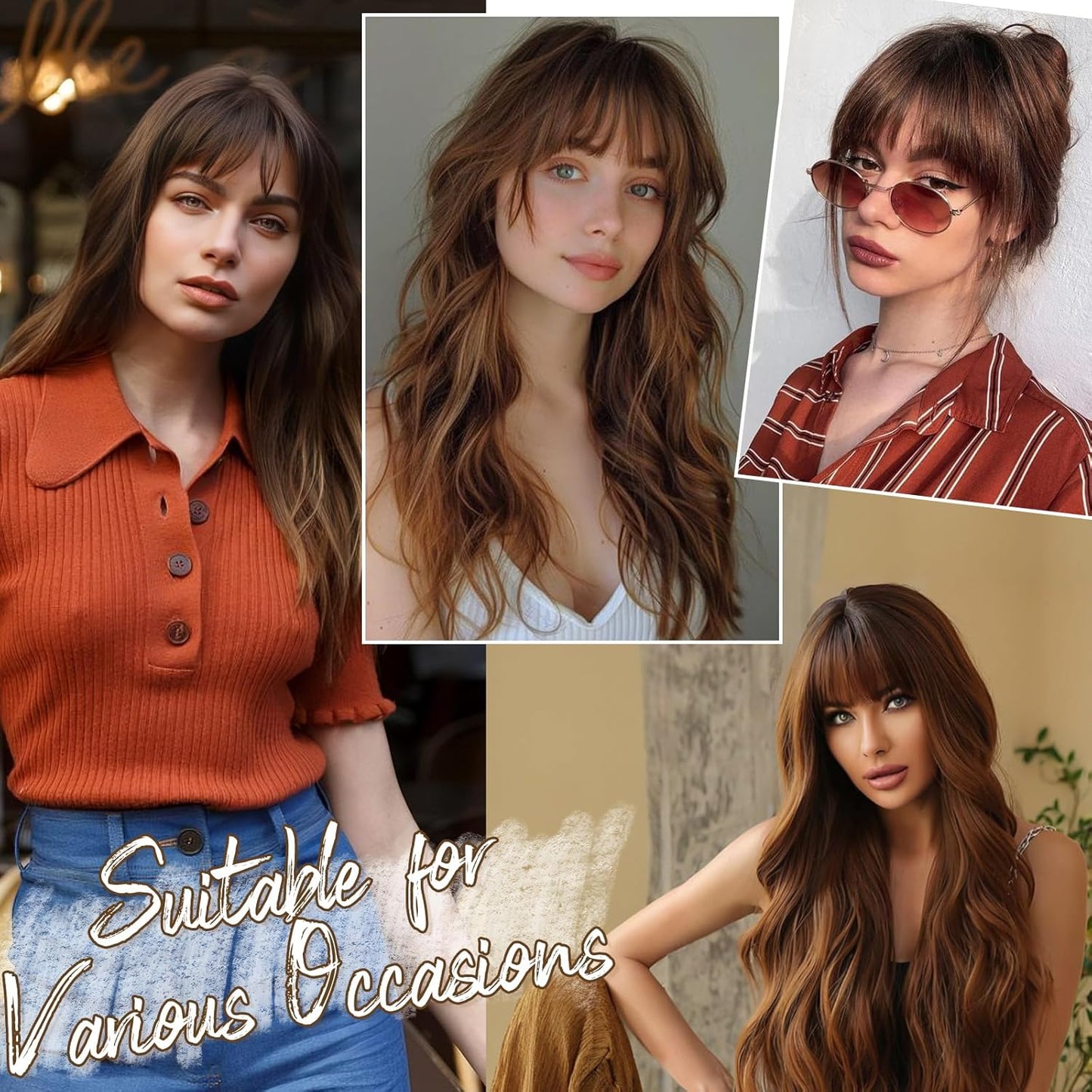 BARSDAR Real Human Hair Clip in Bangs - 100% Human Hair Clip in Bangs for Women - Brown Wispy Bangs Extensions Fringe with Temples Dyeable Real Hair Bangs Hairpieces - Brown