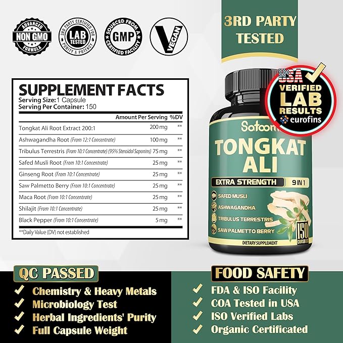 9in1 Tongkat Ali Root Extract 200:1 - Ashwagandha, Tribulus Terrestris - 150 Capsules for 5 Months - Support Strength, Energy & Healthy Immune