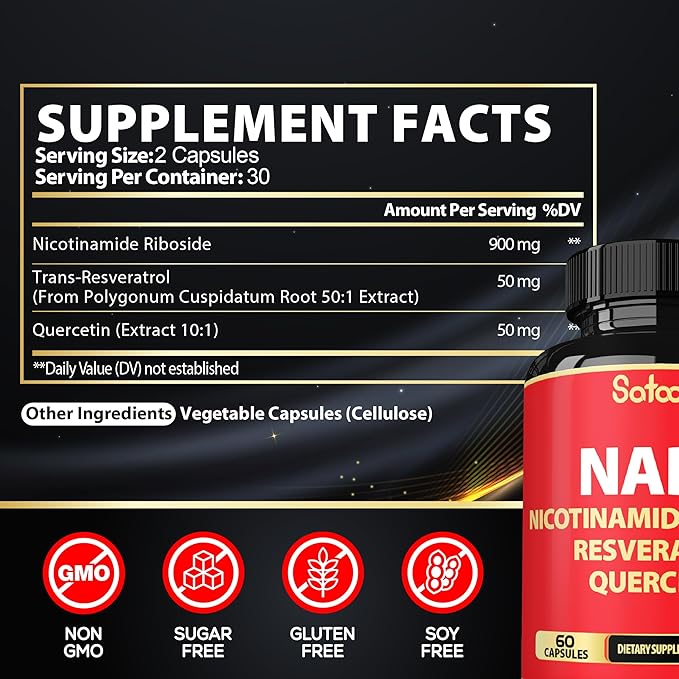 3in1 1000mg Pure NAD+ Supplement with Liposomal Nicotinamide Riboside 900mg NR, Resveratrol, Quercetin - Cellular Energy & Repair, Vitality, Healthy Aging - 60 Count