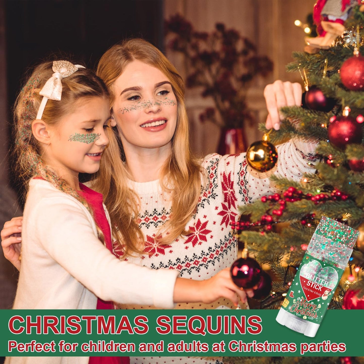 Christmas Body Glitter Stick, Waterproof Halloween Face Glitter Gel, Chunky Glitter Face Paint, Orange Purple Black Sequin Hair Glitter Makeup for Women and Kid (Green Red White)