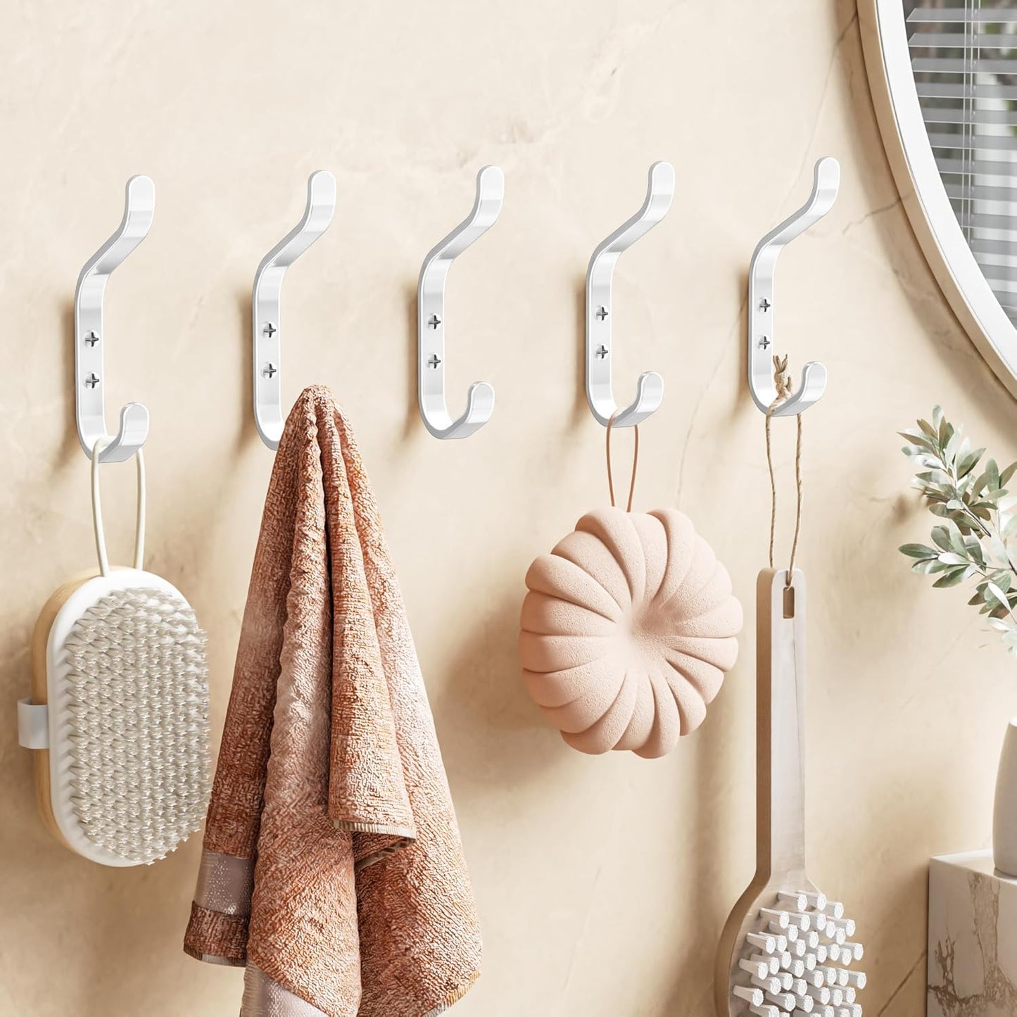 White Coat Hook for Hanging - Backpack Hook 5 Pack Wall Mount for Backpack, Bag, Keys and Towel, Double Hook in Closet, Entryway, Door, Bathroom and Workshop, Hold Up to 22Lbs.