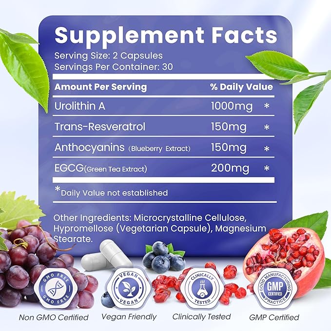 Urolithin A Supplement 1500mg Plus Trans-Resveratrol, Anthocyanins, Green Tea,Urolithin A Capsules Promoting Healthy Aging,Supports Cellular,Vitality & Energy for Men & Women, 60 Capsules