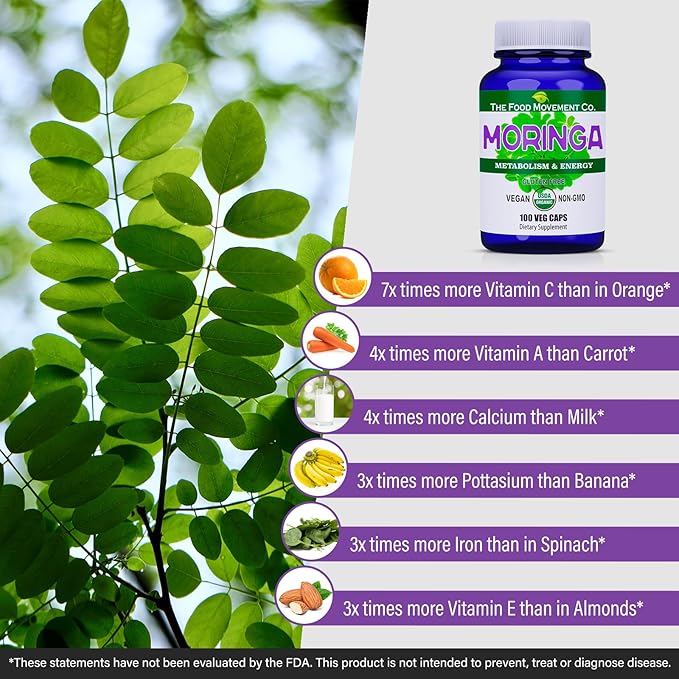 Moringa - Certified Organic Superfood, Whole Body Wellness, Natural Energy Support, Supports Healthy Metabolism - 100 Vegan Capsules