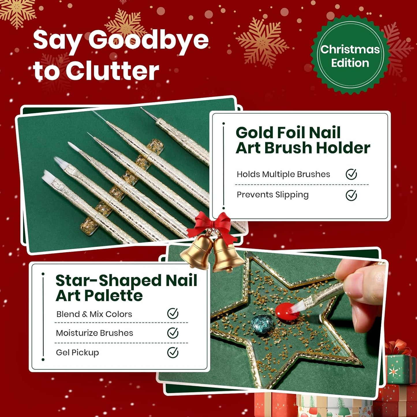 Beetles Christmas Nail Art Brushes 6pcs – Golden Gleam Nail Art Tools Liner Brushes for Nails Dotting Tool Gradient/French/Petal Manicure Design Pen with Star Palette Holder Nails Stickers Pouch Bag