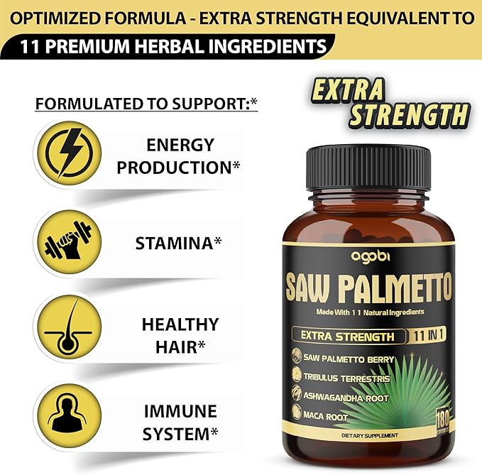 11in1 Saw Palmetto Capsules - Equivalent 5300mg with Ashwagandha, Turmeric, Tribulus, Maca, Green Tea, Ginger, Holy Basil & More - Healthy Prostate & Hair Support - 180 Count 6-Month Supply