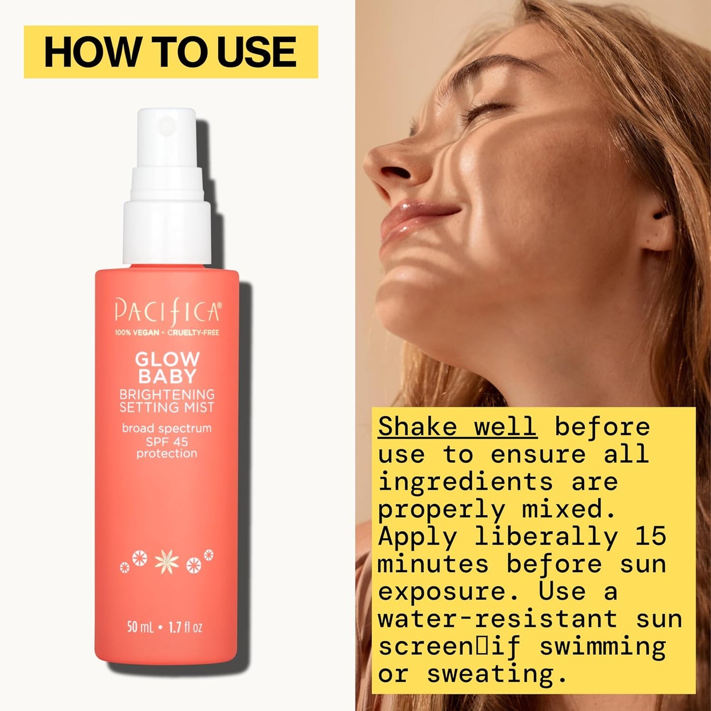 Pacifica Setting Spray Glow Baby Brightening Mist, Broad Spectrum SPF 45, UVA/UVB Protection, Blue Light Protection, Facial Mist, Suncare, Skin Care, Vegan, 1.7 fl oz (1 Count)