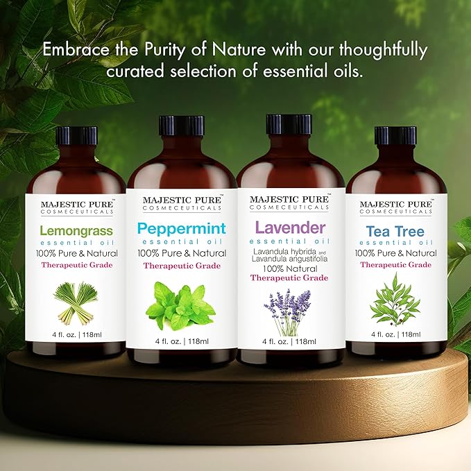 MAJESTIC PURE Tea Tree Essential Oil | 100% Pure and Natural Oil | Therapeutic Grade Essential Oils for Hair Care, Home Diffusers, Skin, Aromatherapy, Massage and Humidifiers | 4 Fl Oz