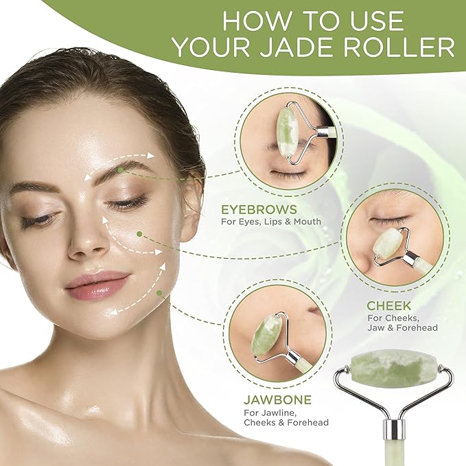 Jade Roller and Gua Sha Set - 100% Natural Jade Stone Face Roller, Dual Sided Massage Roller Stimulates Blood Flow, Relieves Stress, Reduces Signs of Aging, Travel Pouch Included, Gift Box