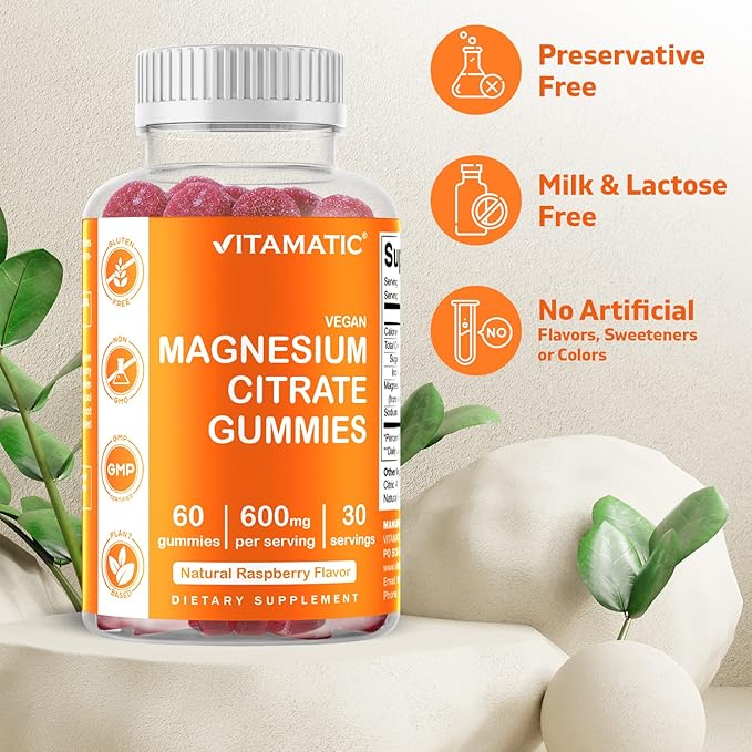 Vitamatic Magnesium Citrate Gummies 600mg per Serving - 60 Vegan Gummies - Promotes Healthy Relaxation, Muscle, Bone, & Energy Support (60 Gummies (Pack of 2))