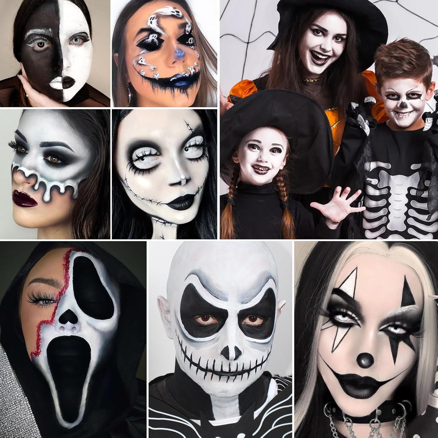 Black & White Face Paint Kit – Large 50g Oil-Based Grease Makeup Jars with Remover, 5 Brushes & 4 Sponges – Halloween, Cosplay & Stage SFX Makeup Set