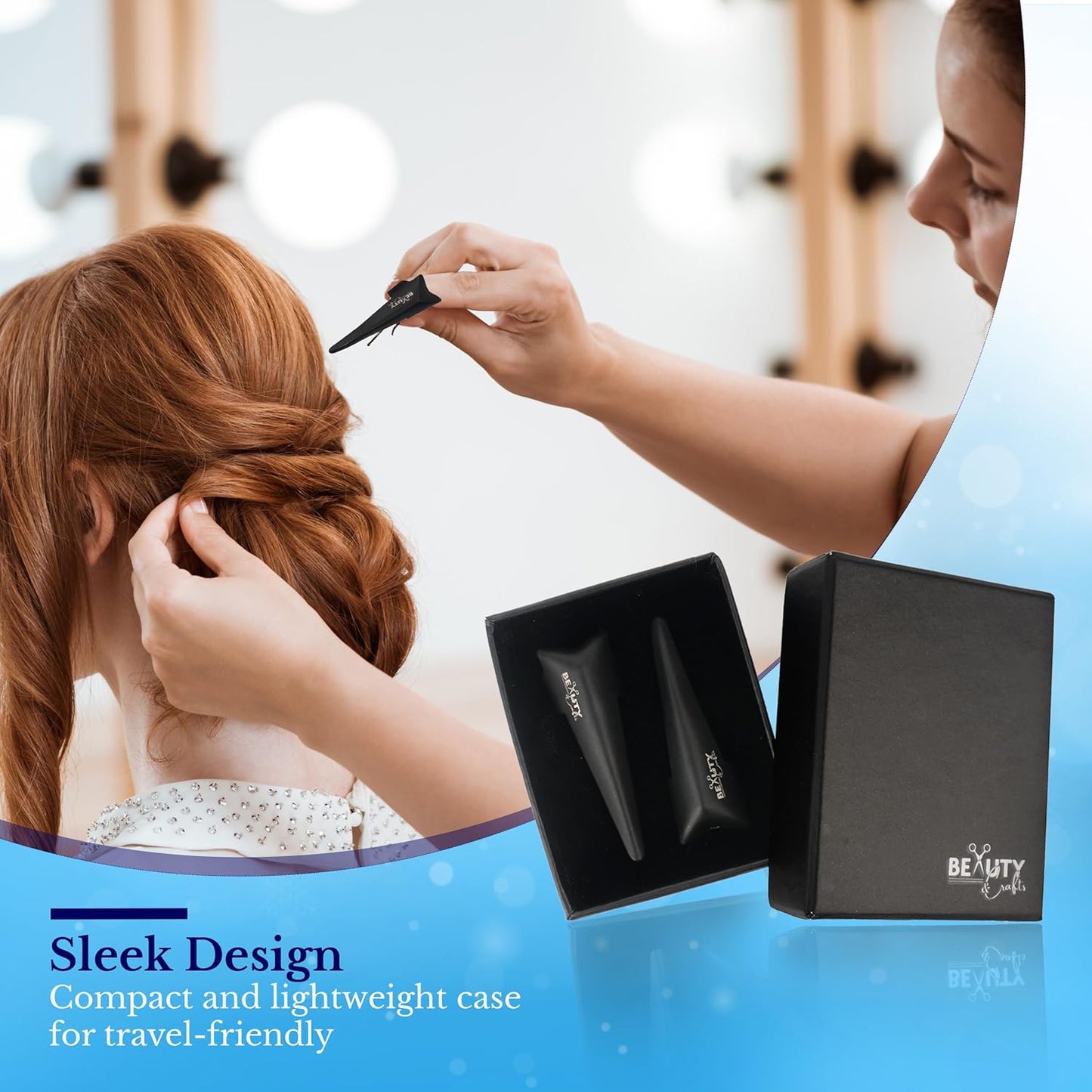 Beauty & Crafts 2PC Pro Hair Parting & Sectioning Rings-Stainless Steel Finger Tool for Precise Hair Styling and Extension Installations - Straight & 1 Curved Ring with Carrying Box (Black)