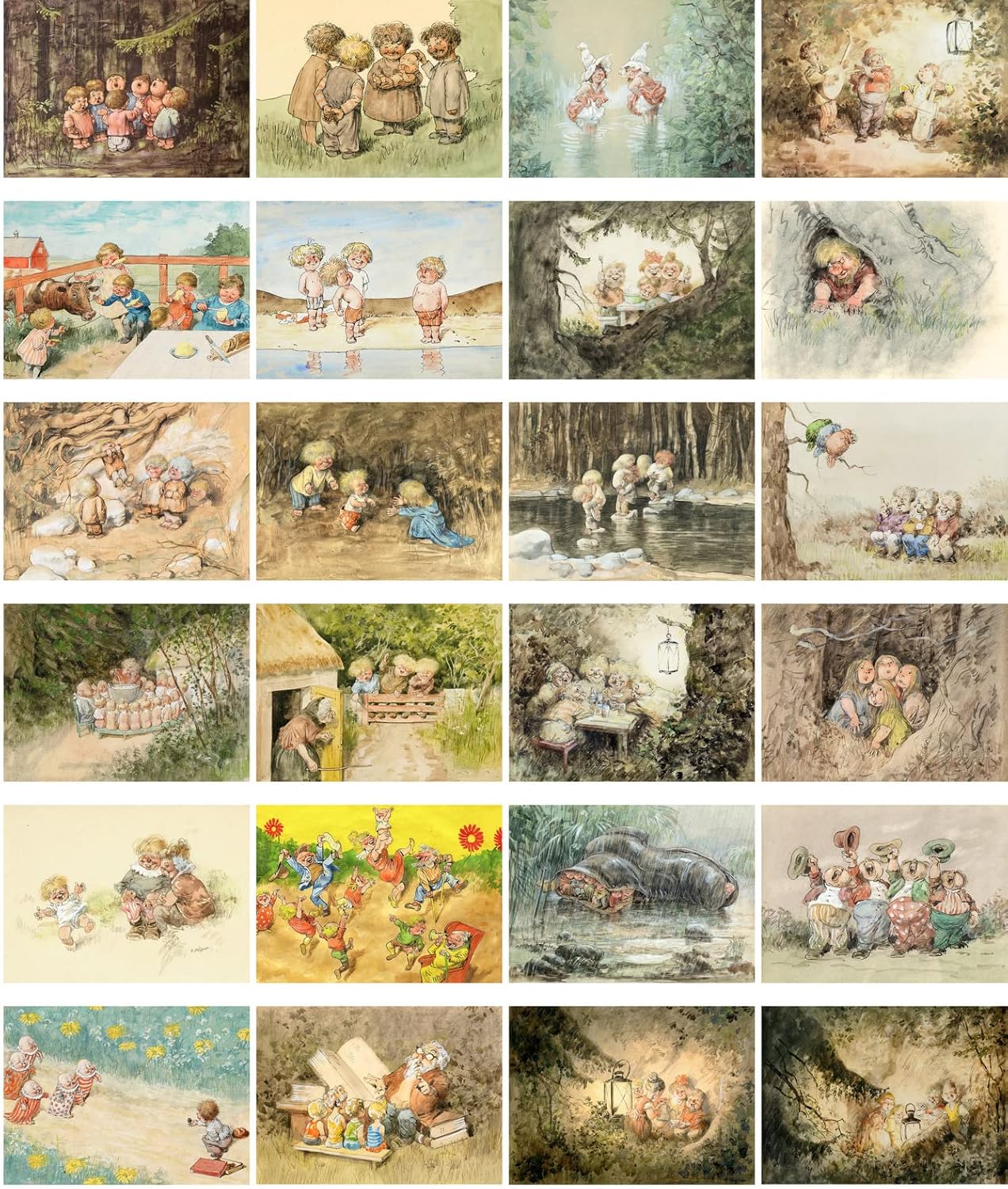 PIXILUV Vintage Postcards (24 pcs 4"x6" ea) Coloured Pencil Drawings of Young Kids Playing in the Forest and Garden Vintage Postcards Retro Greeting Card Book Illustration Reprint
