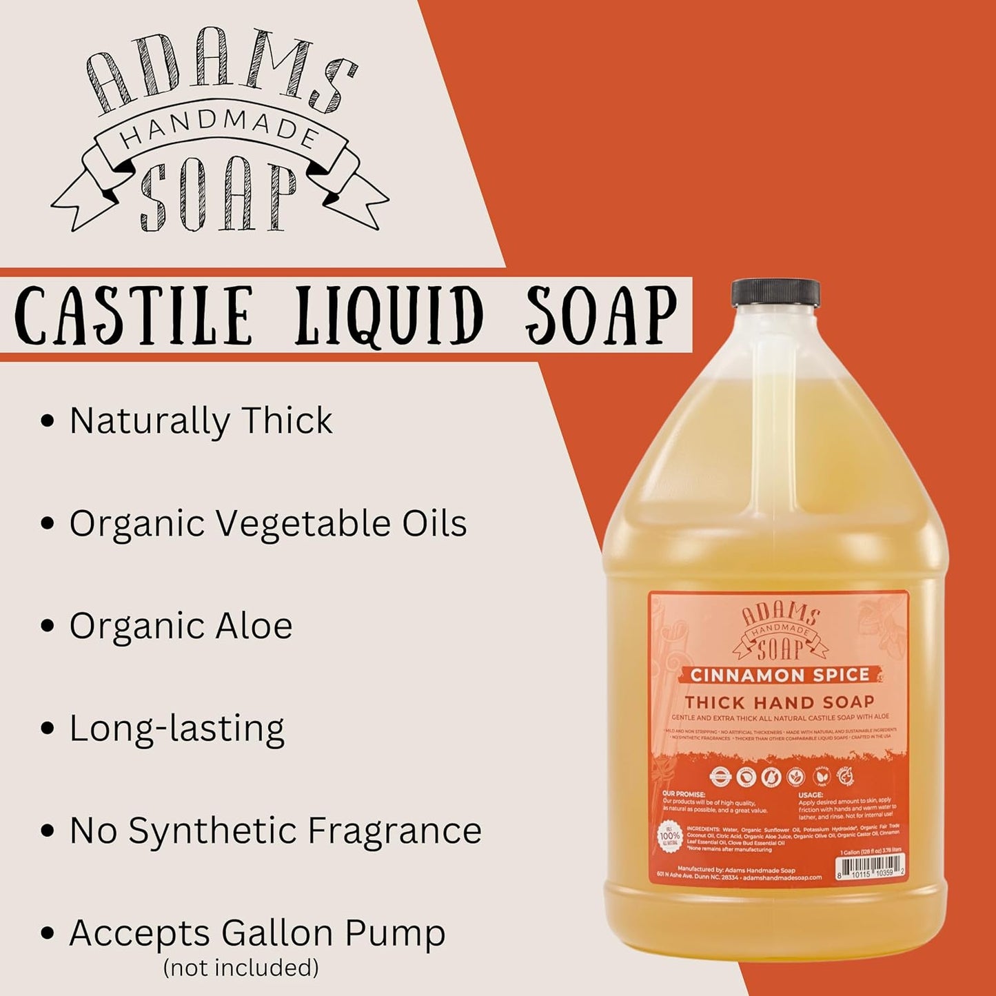 Adams Handmade Soap Thick Organic Castile Liquid Hand Soap 1 Gallon Refill - Cinnamon Spice (Pack of 4)