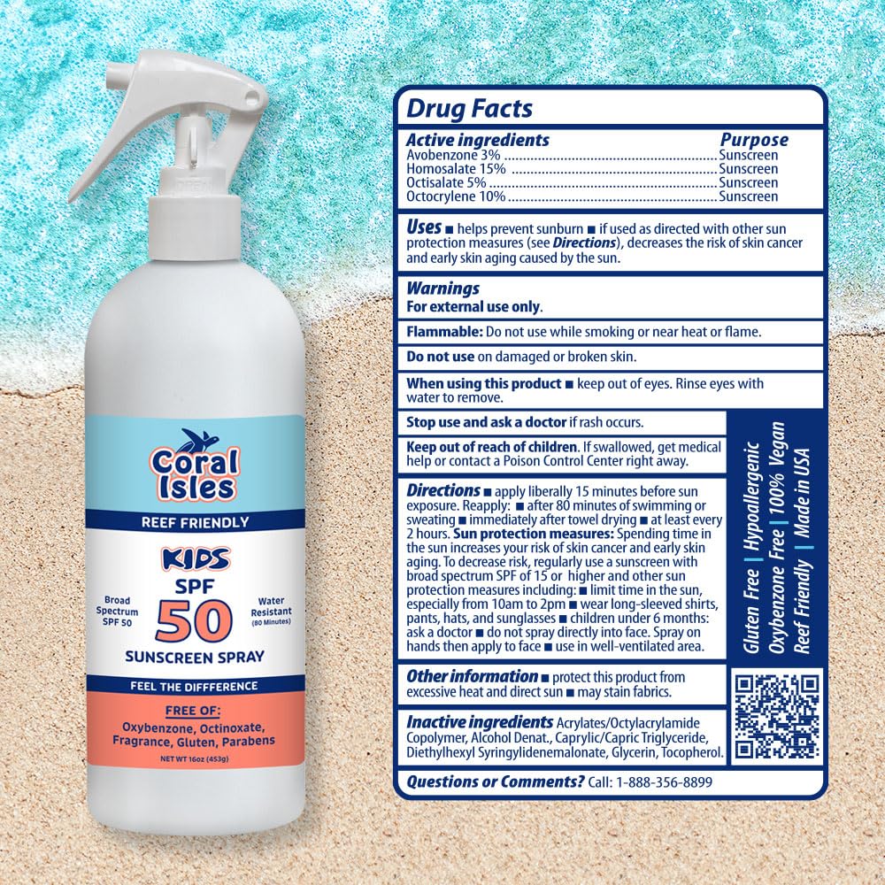 Coral Isles by Rocky Mountain Sunscreen | SPF 50 KIDS Spray | Broad Spectrum UVA/UVB Protection | Hawaii Reef-Safe Act Compliant | Oxybenzone & Octinoxate Free | Water Resistant 80 Min. | 16 Fl Oz