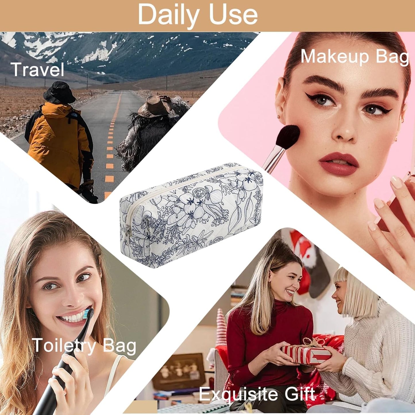 Cute Floral Cotton Makeup Brush Cosmetic Bag for Women, Travel Quilted Zipper Make Up Bag, Flowers Toiletry Organizer Case Kawaii Makeup Cosmetic Travel Cloth Pouch (Navy Blue Flower)