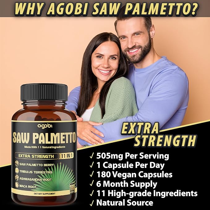 11in1 Saw Palmetto Capsules - Equivalent 5300mg with Ashwagandha, Turmeric, Tribulus, Maca, Green Tea, Ginger, Holy Basil & More - Healthy Prostate & Hair Support - 180 Count 6-Month Supply