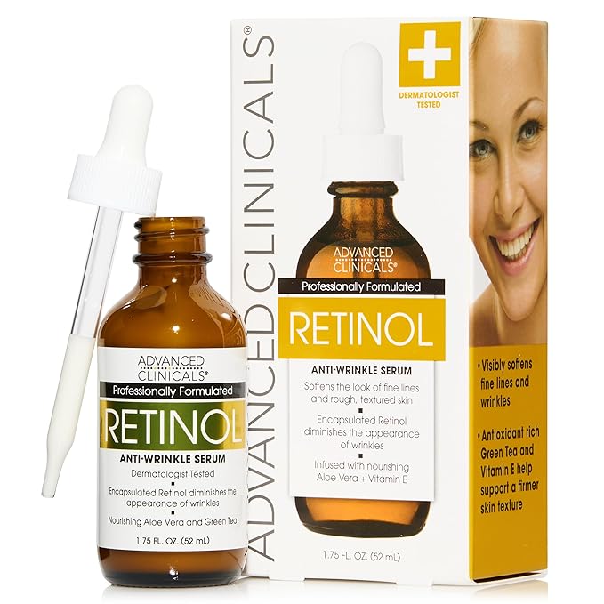Advanced Clinicals Retinol Serum For Face | Visible Anti Aging Retinol Serum Skin Care Face Moisturizer With Vitamin E Helps Improve Look Of Wrinkles, Fine Lines, & Uneven Skin Tone, 1.75 Fl Oz