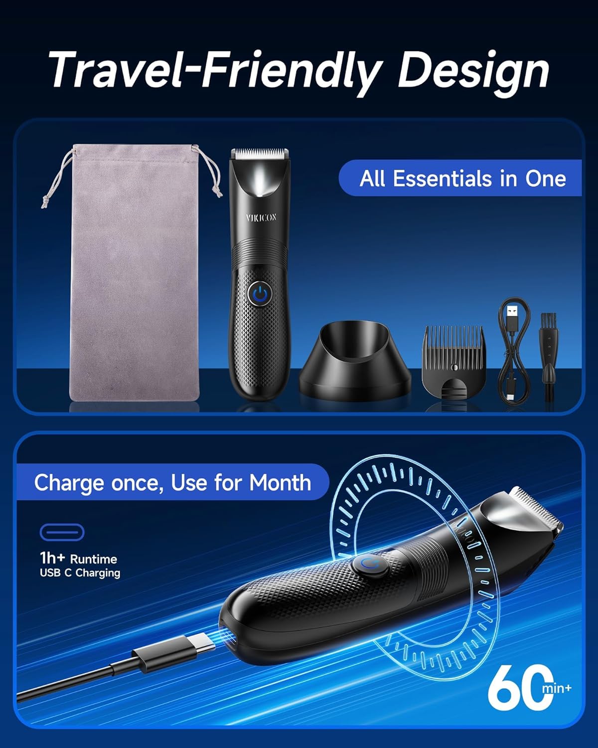 VIKICON Manscape Trimmer for Men - No Nicks Electric Razor-Shaver for Balls/Pubic/Groin/Legs/Chest Hair Removal w/Light & Ceramic Blade, IPX7 Waterproof Body Groomer USB-C Charging, Gifts for Him Dad