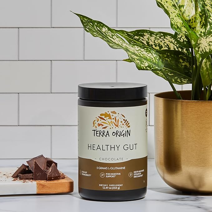 TERRA ORIGIN Healthy Gut Chocolate | 30-Servings with L-Glutamine, Zinc, Glucosamine, Slippery Elm Bark, Marshmallow Root and More!