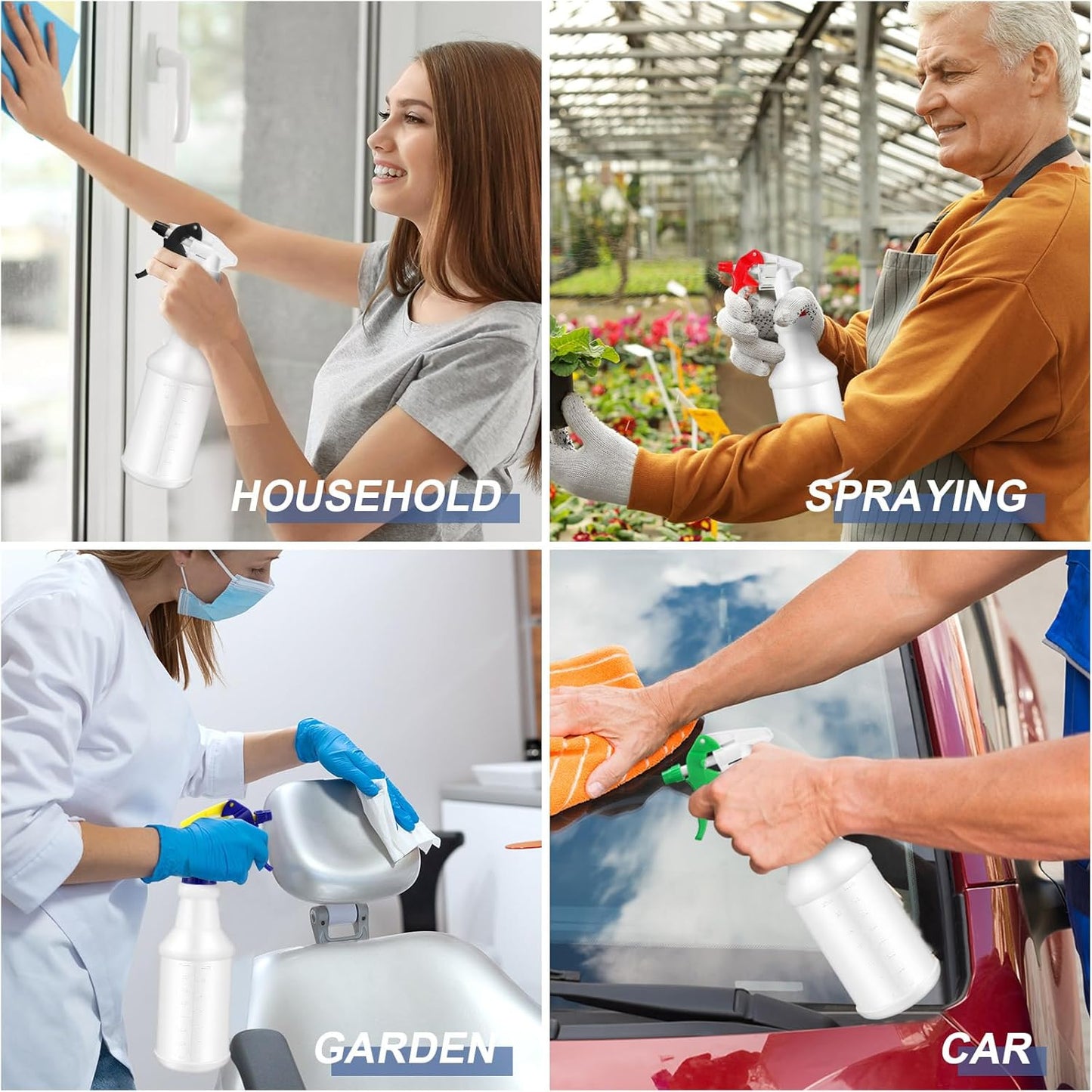 Zubebe 24 Pack 32 oz Plastic Spray Bottle Bulk Empty Leakproof Heavy Duty Spray Bottles for Cleaning Supplies Mist Bottles with Label and Adjustable Nozzle for Plant(Multicolor C,Clear Scale)