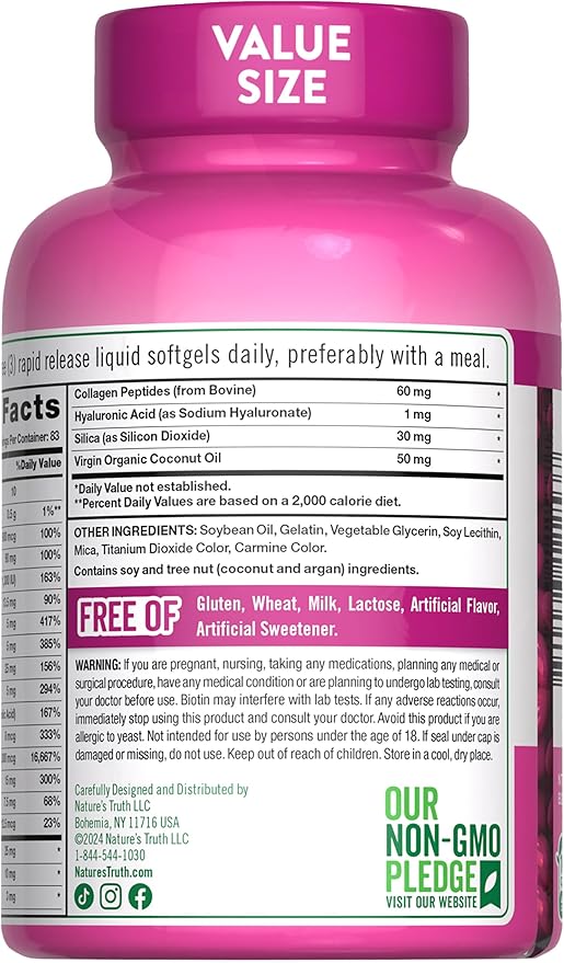 Nature's Truth Hair, Skin & Nails Vitamins | 5000mcg | 250 Softgels | Includes Collagen, Biotin and Coconut Oil | Non-GMO & Gluten Free Supplement for Women and Men