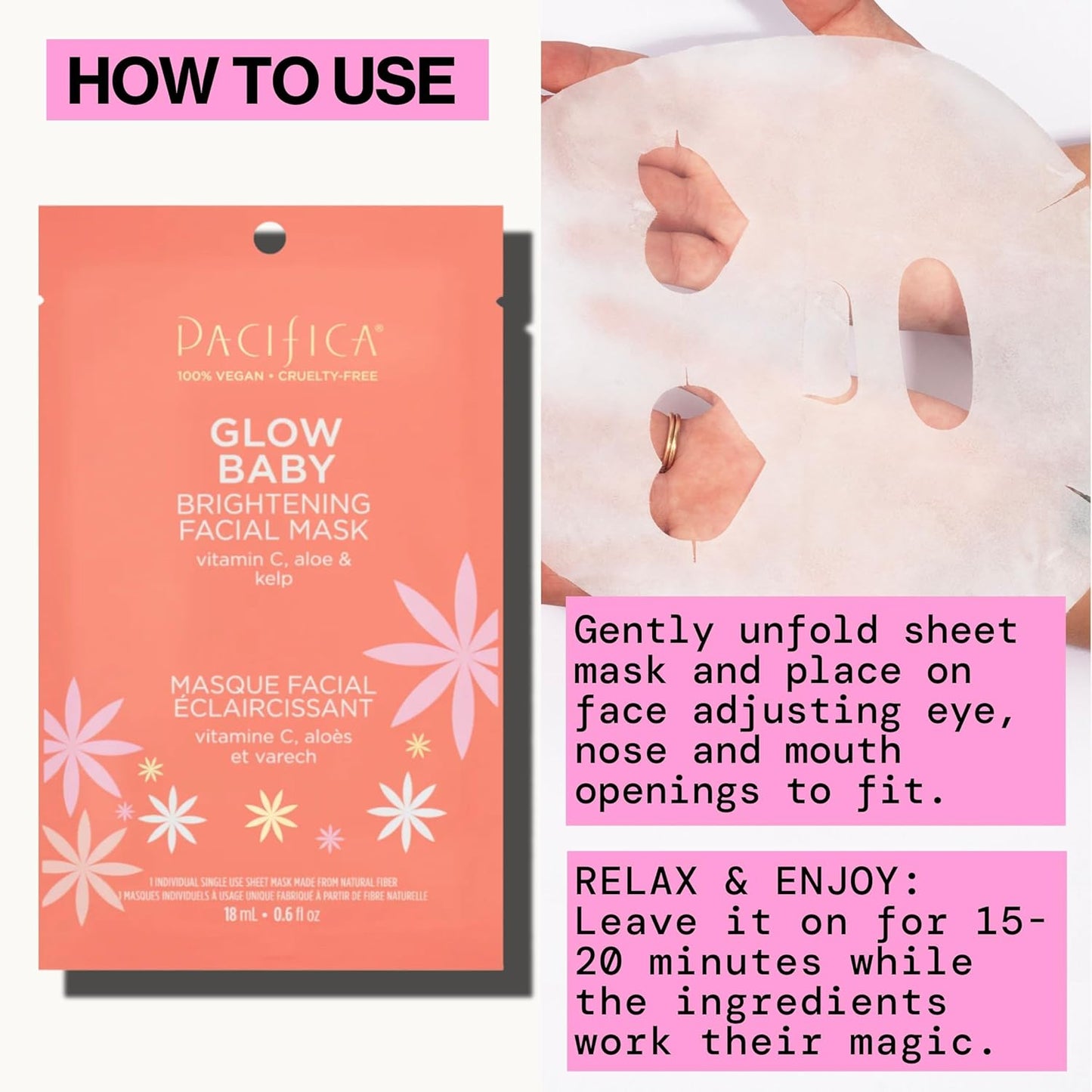 Pacifica Sheet Face Mask - 6 Pack - Glow Baby Brightening Facial Mask w/Vitamin C, Aloe & Kelp – Cooling Mask for Dark Spots & Fine Lines - Clean Beauty Vegan & Cruelty-Free Dermatologist Tested