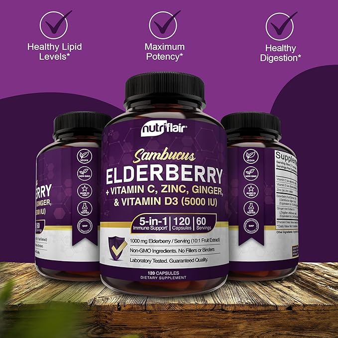 NutriFlair Sambucus Elderberry, 120 Veggie Capsules 5 in 1 Immune D3 5000 5000 IU, 2 Month