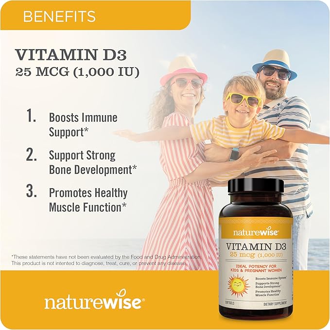 NatureWise Vitamin D3 1000iu (25 mcg) 200-Day Supply for Immune Support, Healthy Muscle Function, and Bone Health - Non-GMO, Gluten Free in Organic Extra Virgin Olive Oil, (Mini Softgel), 200 Count