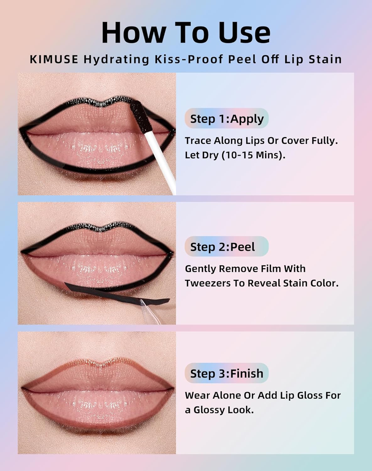 KIMUSE Lip Stain Peel Off, Peel Off Lip Liner Stain with Tweezer, Long Lasting, Waterproof, Transfer Proof Lipstains Color, Smudge-Free, Easy Removal, Matte Finish