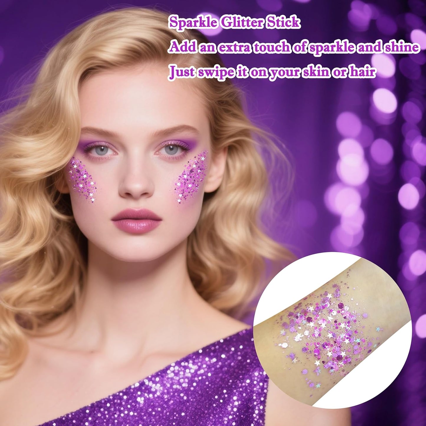 MEICOLY Light Purple Face Body Glitter Stick,Hair Glitter Stick for Kids and Women,Sparkle Chunky Glitter Makeup,Waterproof Face Glitter for Halloween Party Rave Festival
