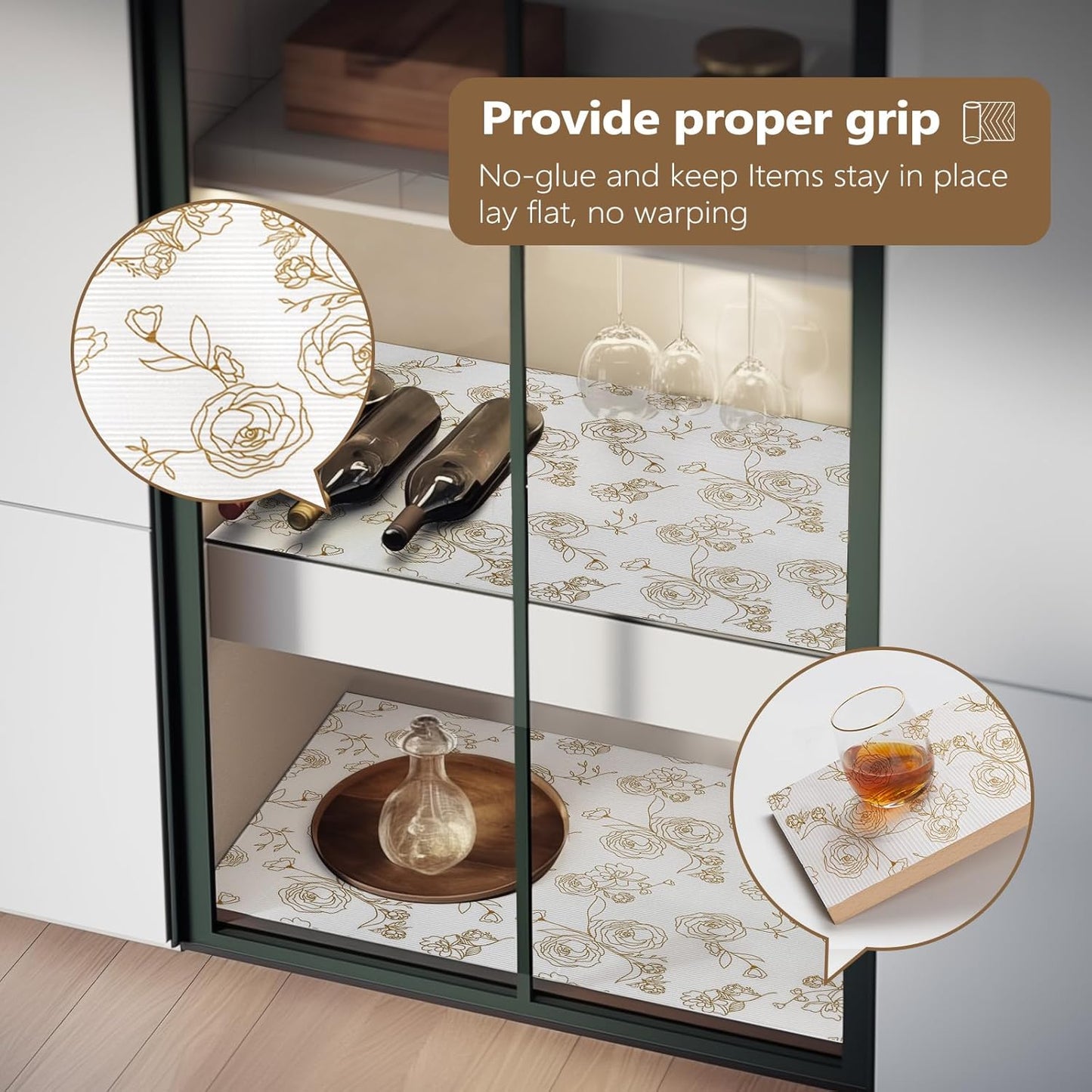 Shelf Cabinet Liner for Kitchen- Non Adhesive Drawer Liner Refrigerator Liner, Premium Waterproof Shelf Paper Protect Surface, Non Slip Easy to Clean Durable EVA Material, Gold Roses, 11.8 in x 10FT