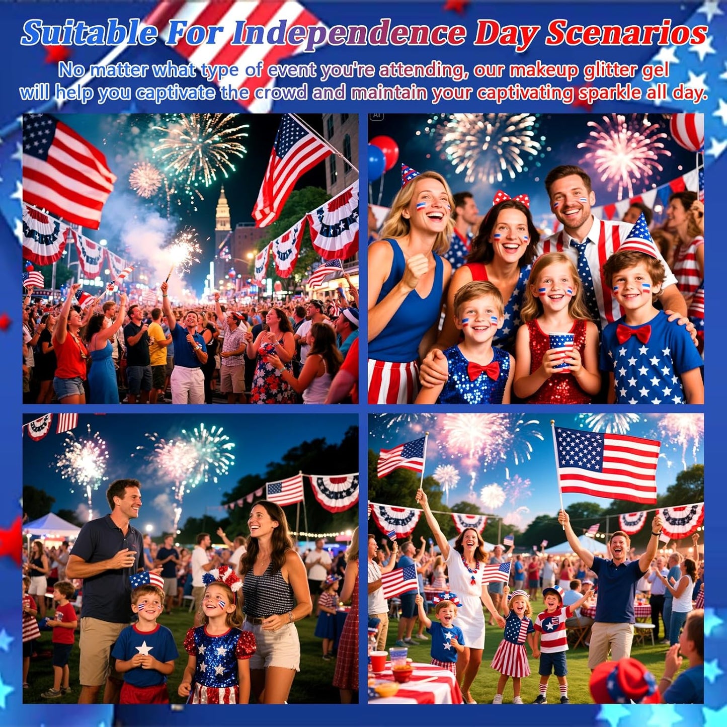 Boko Independence Day Body Glitter Gel, 50ML Red White Blue Chunky Glitter Gel for Face Hair Body Makeup, Patriotic Glitter for 4th of July Memorial Day Veterans Day Flag Party Event Rave Accessories