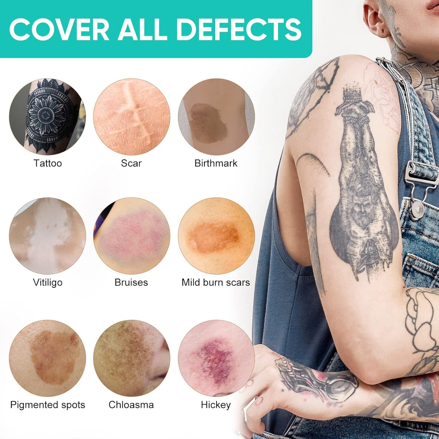 Tattoo Cover Up Makeup Waterproof, 2 Color Long Lasting Tattoo Concealer for Body, Covers Scars, Vitiligo, Dark Spots, Waterproof & Sweatproof