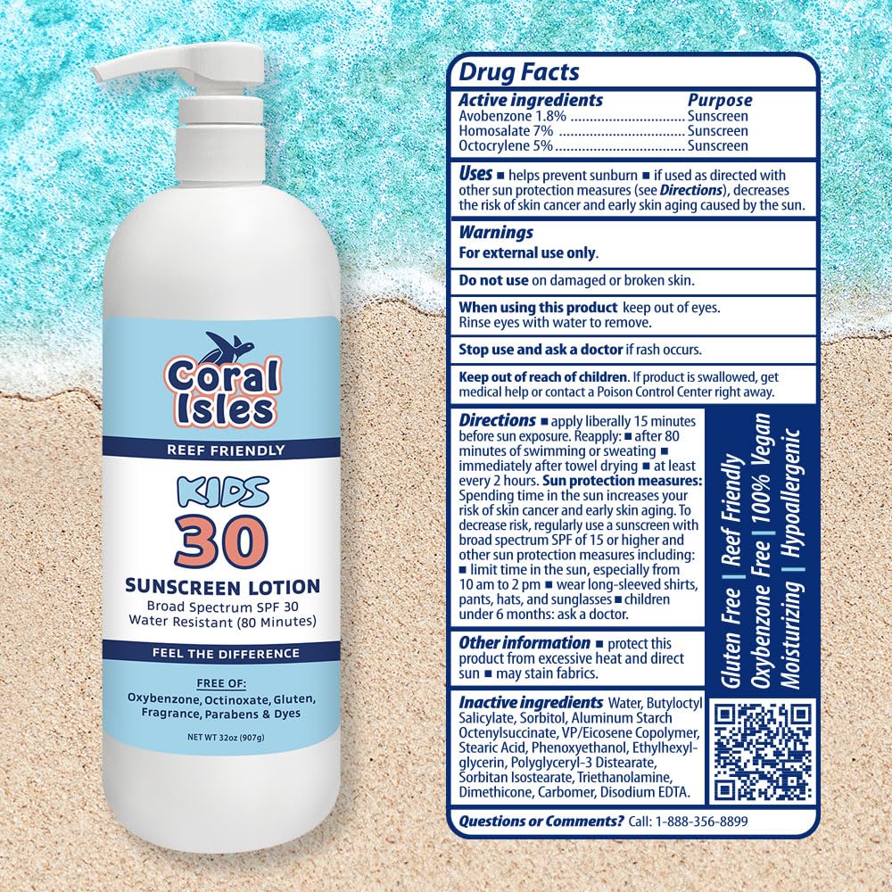 Coral Isles by Rocky Mountain Sunscreen | SPF 30 Lotion | Broad Spectrum UVA/UVB Protection | Hawaii Reef-Safe Act Compliant | Oxybenzone & Octinoxate Free | Water Resistant 80 Min. | 32 Fl Oz