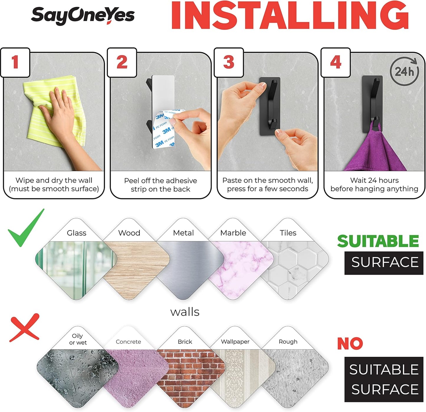 Matte Black Self Adhesive Towel Hooks for Bathroom Wall Door Mounted - SUS304 Stainless Steel Strong Strips Stick on 3M Wall Hooks for Hanging Coat, Hat, Bag, Key, Jacket – 5 Pack