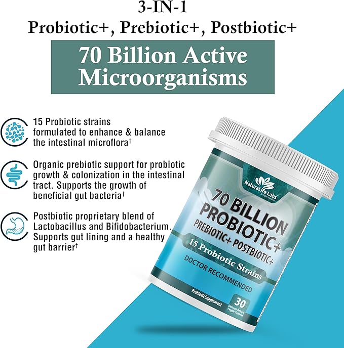 Probiotics 70 Billion CFU – 15 Probiotic strains + Organic Prebiotic+ Postbiotic 3-in-1 Complete – Promotes Healthy Digestive & Immune Function –Gas, Bloating, Constipation Support – for Men & Women