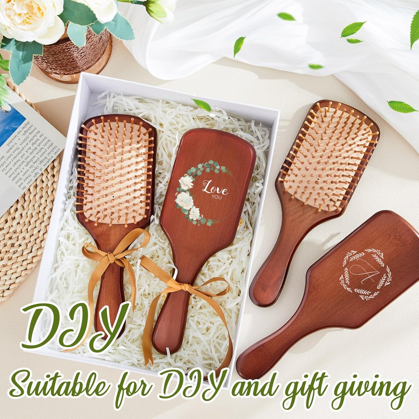 Tessco for you 12 Pcs Christmas Bamboo Hair Brushes Thanksgiving Bulk Wooden Paddle Brush Scalp Massage Bristle Anti Static Engraving DIY Gift for Women Wedding(9.65'' X 3.35'',Deep Brown-natural)