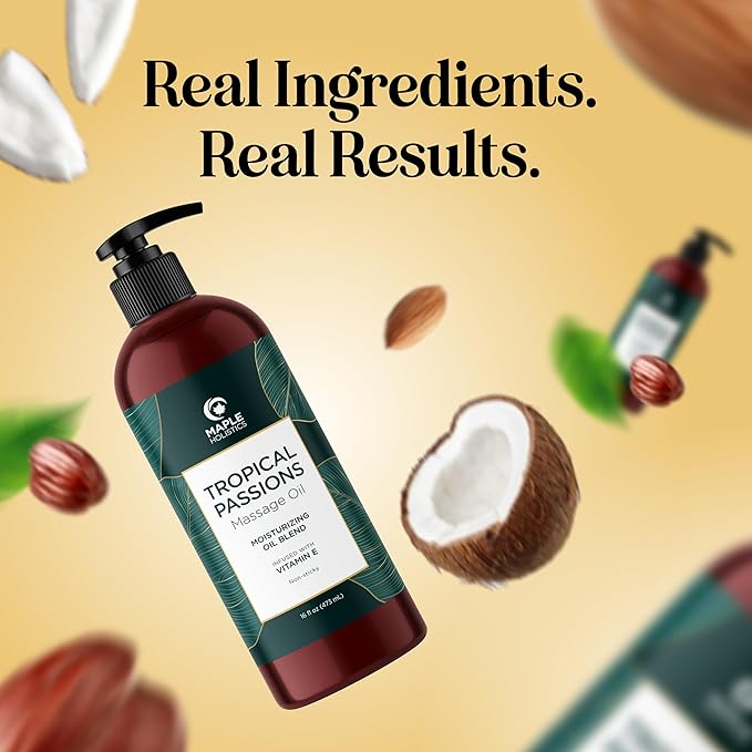 Tropical Massage Oil for Couples Relaxation - Full Body Massage Oil for Date Night with Smooth Gliding Coconut and Sweet Almond Oil with Mango Scent - Non GMO Gluten Free & Vegan (16 Fl Oz)