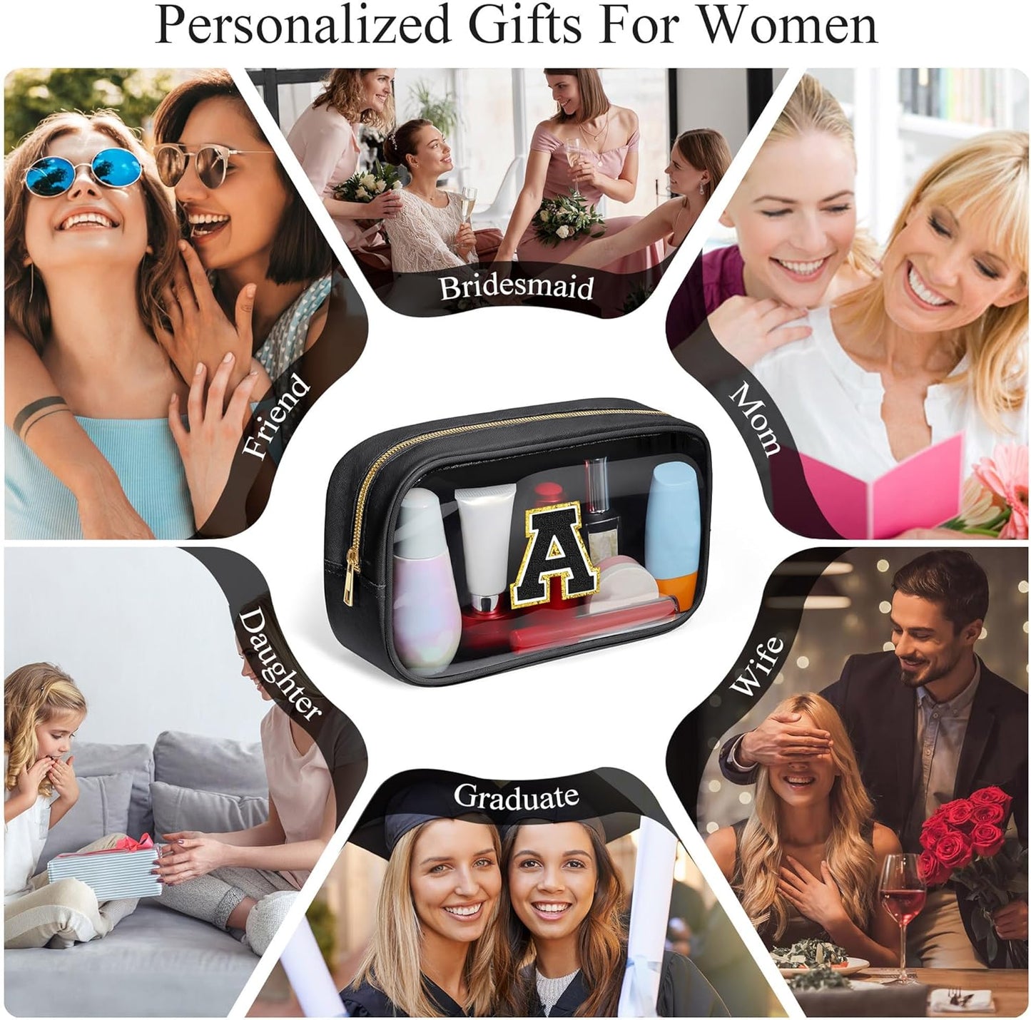 YOOLIFE Initial Travel Makeup Bag Pouch, Clear Toiletry Bag for Women Travel Accessories Cosmetic Bag Skin Care for Teen Make Up Bags Birthday Gifts for Women Unique Teacher Mom Friends Gifts Black F