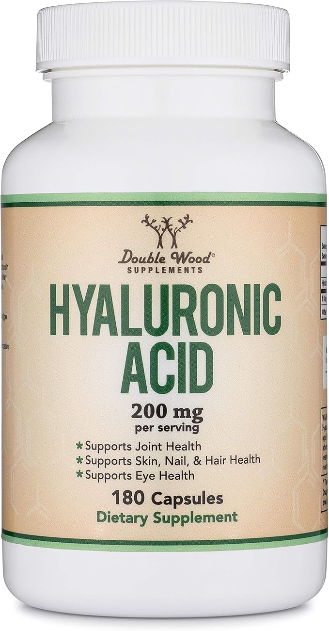 Hyaluronic Acid Supplements -180 Capsules (Enhances Effects of Hyaluronic Acid Serum for Face) 200mg Per Serving for Skin and Face Aging Support (Acido Hialuronico) Gluten Free by Double Wood