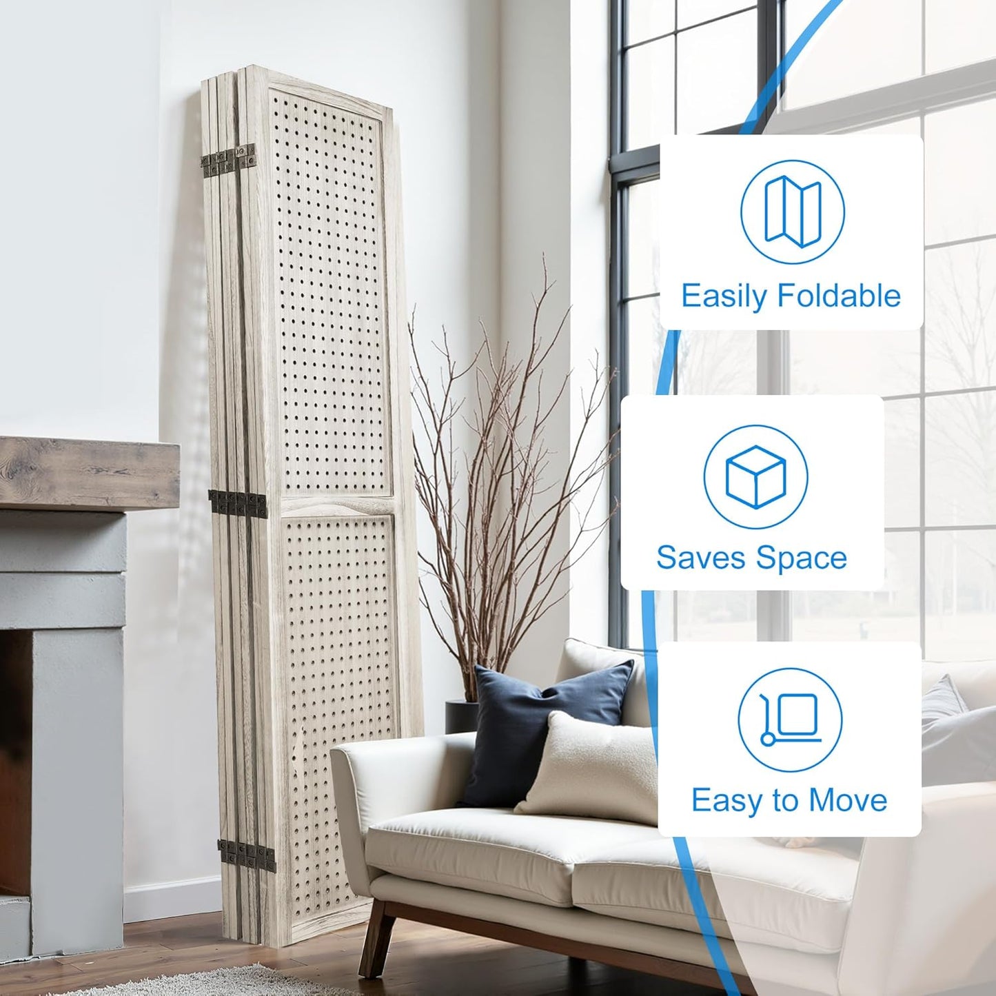 2 PCS Room Dividers 6 Panel Pegboard Display 5.6FT Wood PegBoard Room Divider,Folding Privacy Screens Portable Freestanding Partition Wall Divider for Art Shows & Room Separation, Natural Wood