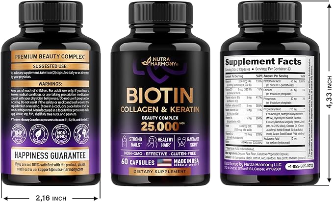 Biotin | Collagen | Keratin | 25000 mcg B1 | B2 | B3 | B6 | B7 - 60 Capsules