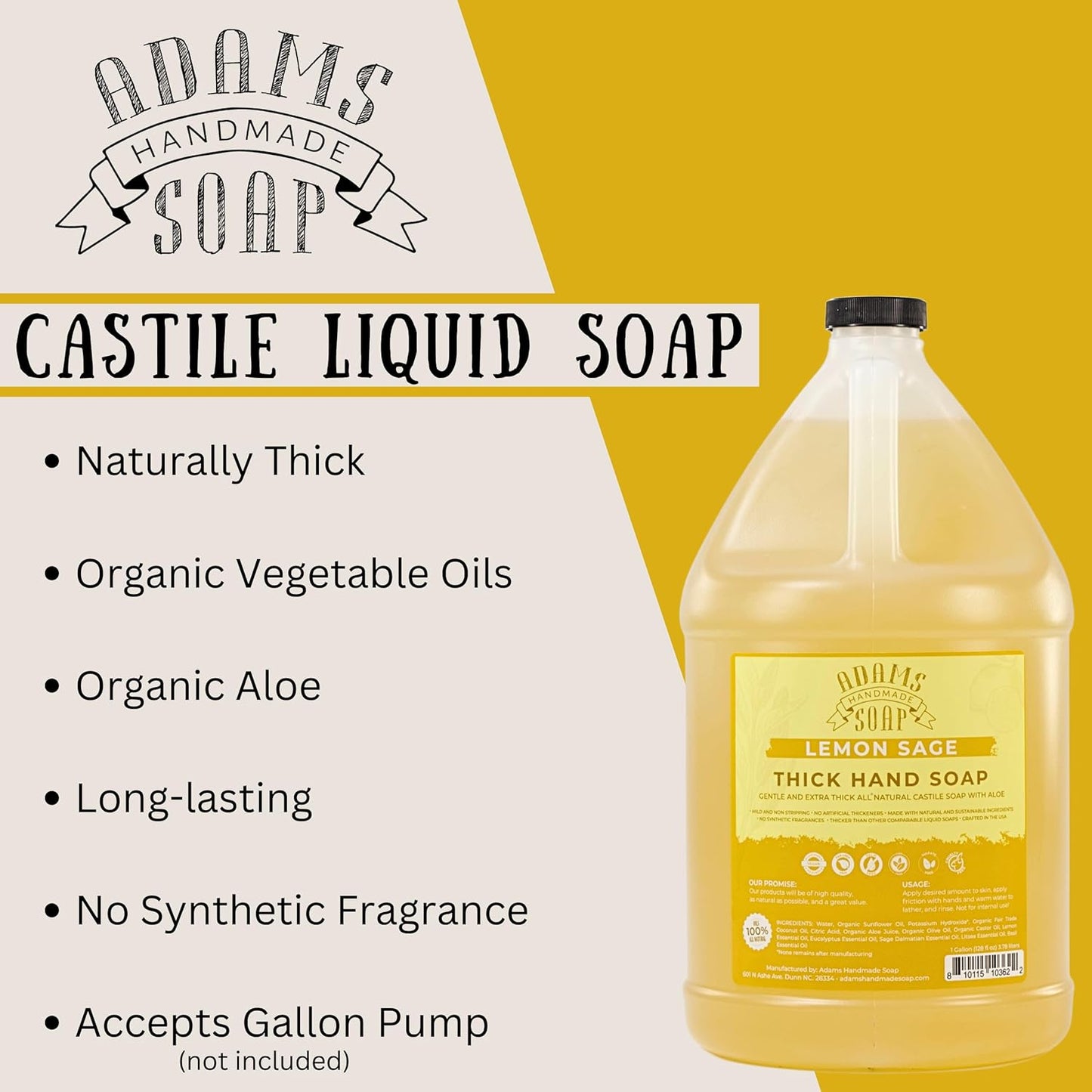 Adams Handmade Soap Thick Organic Castile Liquid Hand Soap 1 Gallon Refill - Lemon Sage