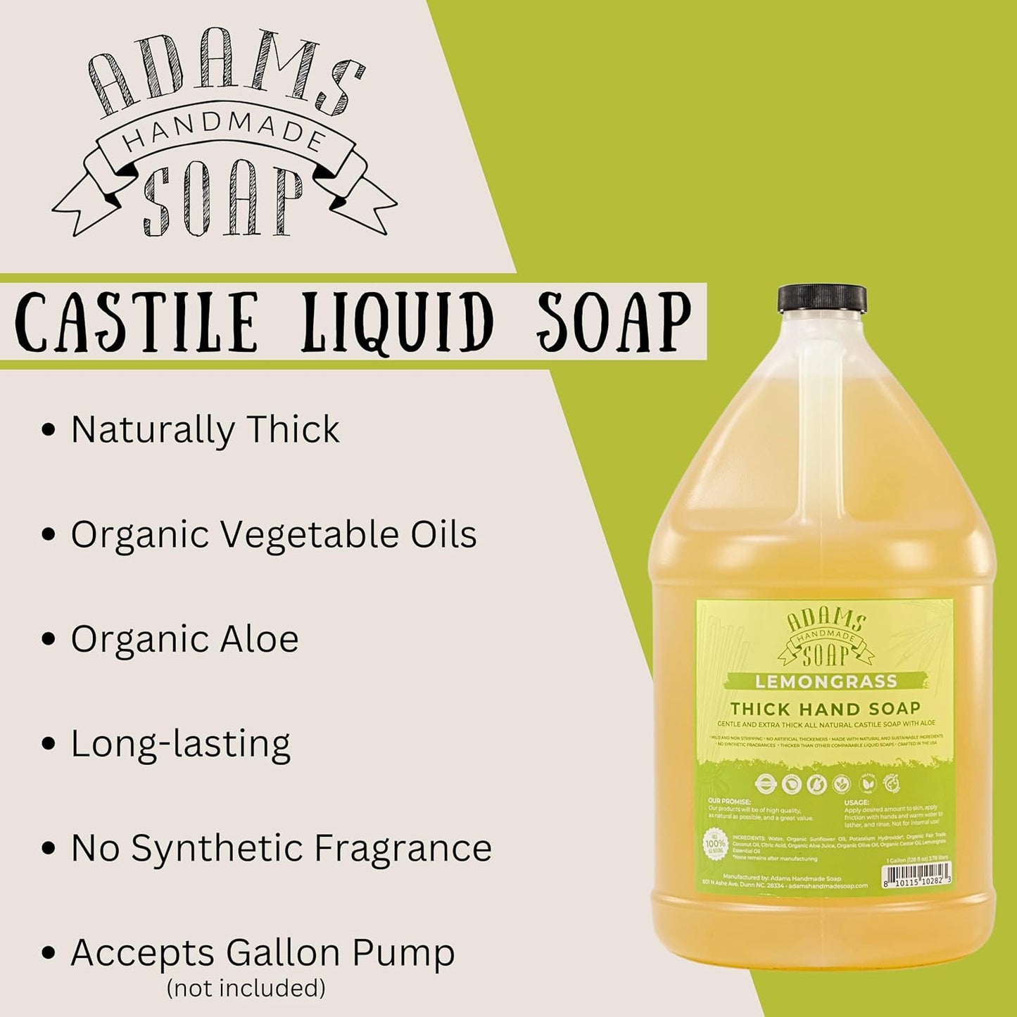 Adams Handmade Soap Thick Organic Castile Liquid Hand Soap 1 Gallon Refill - Lemongrass