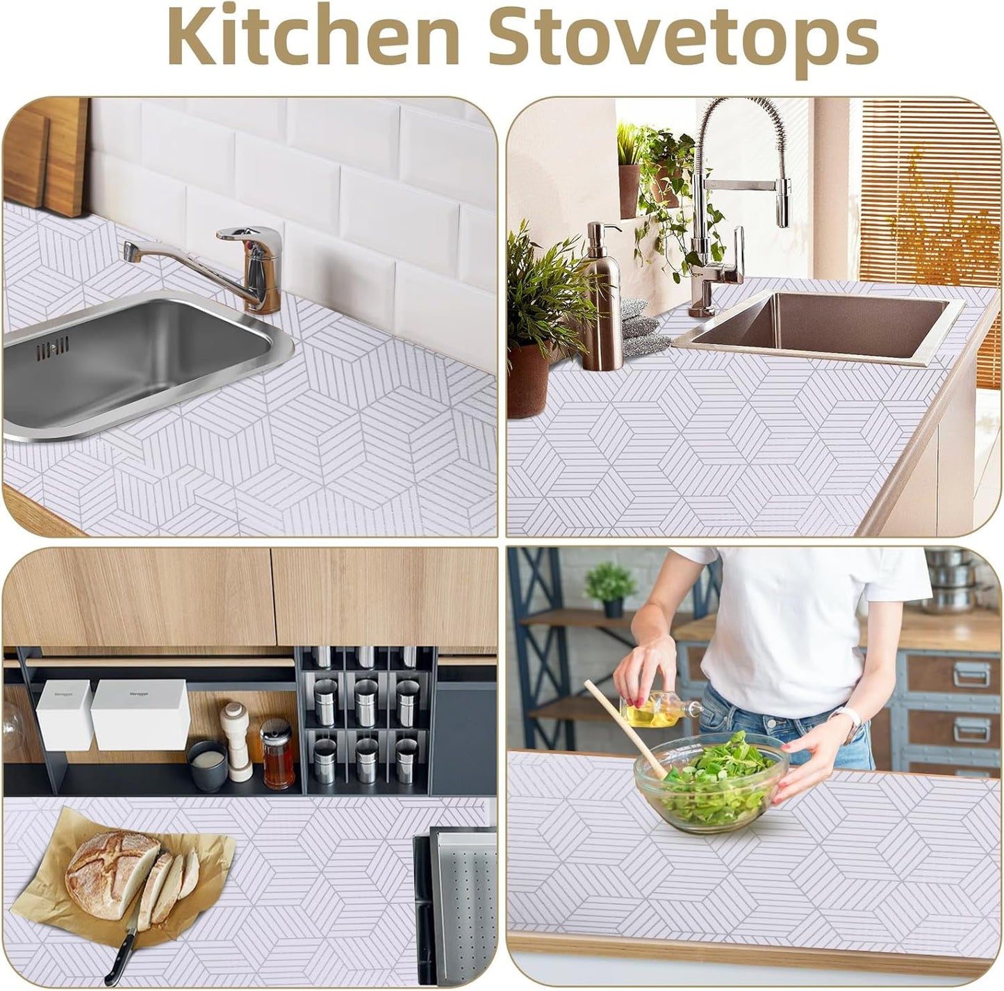 Shelf Liners for Kitchen Cabinets 24in x 30FT, Non Adhesive Cabinet Liner Strong Non-Slip Thickened Silver Geometric Easy to Clean for Shelf, Cabinet, Refrigerator with Knife and Tape Measure