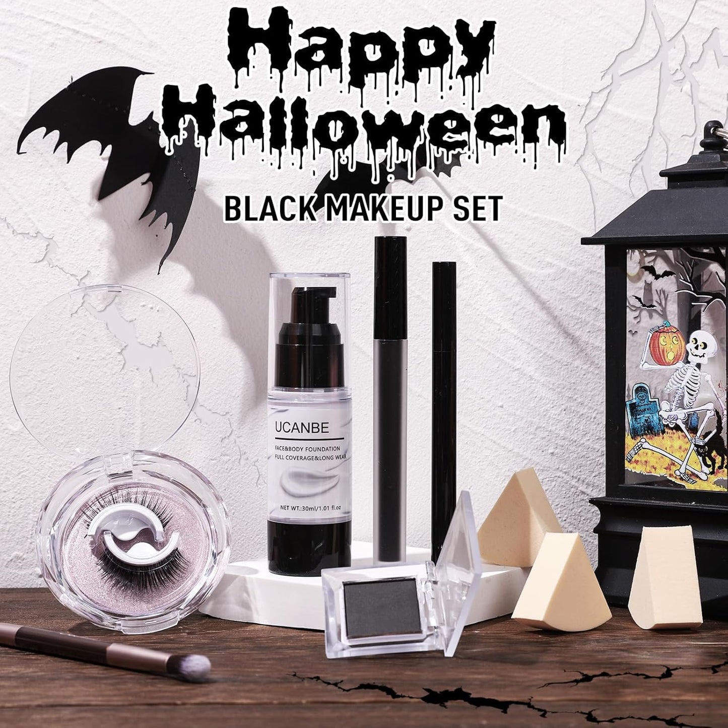 UCANBE Black Halloween Makeup Kit – Skeleton Skull Vampire Gothic Makeup Set for SFX Cosplay Costume -Eyeshadow, White Foundation, Black Lipstick & Eyeliner, Self Adhensive Eyelashes, Brush & Sponges