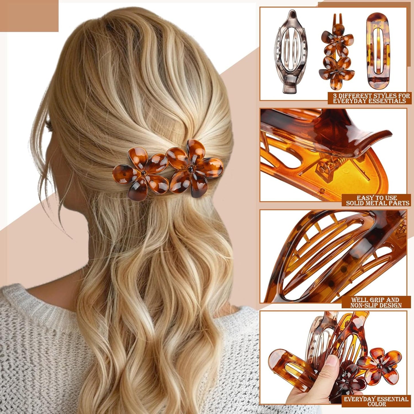 10 Pcs Flat Hair Clips for Women, 3 Styles Tortoise Flat Claw Clips, Strong Hold No Slip French Flat Hair Clips for Thin Thick Curly Hair, Tortoiseshell